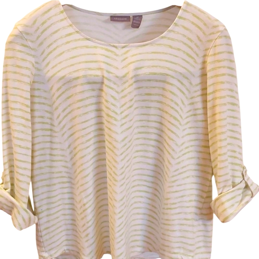 Chico's Striped Top White And Lime Green L EUC